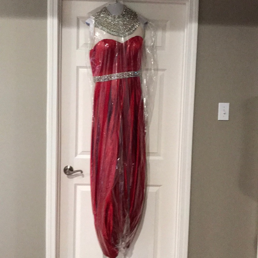 Jovani red embellished high neck formal-SOLD